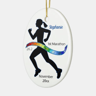 Woman Marathon Autism Puzzle Rainbow Ribbon Ceramic Tree Decoration