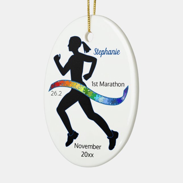 Woman Marathon Autism Puzzle Rainbow Ribbon Ceramic Tree Decoration (Left)