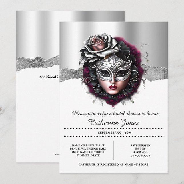 Woman masquerade mask burgundy silver carnival invitation (Front/Back)