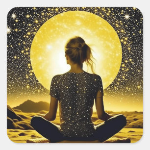 Woman Medicating by Full Moon on Starry Night Square Sticker