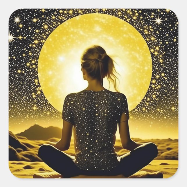 Woman Medicating by Full Moon on Starry Night Square Sticker (Front)