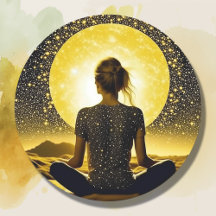 Woman Meditating by Full Moon on Starry Night