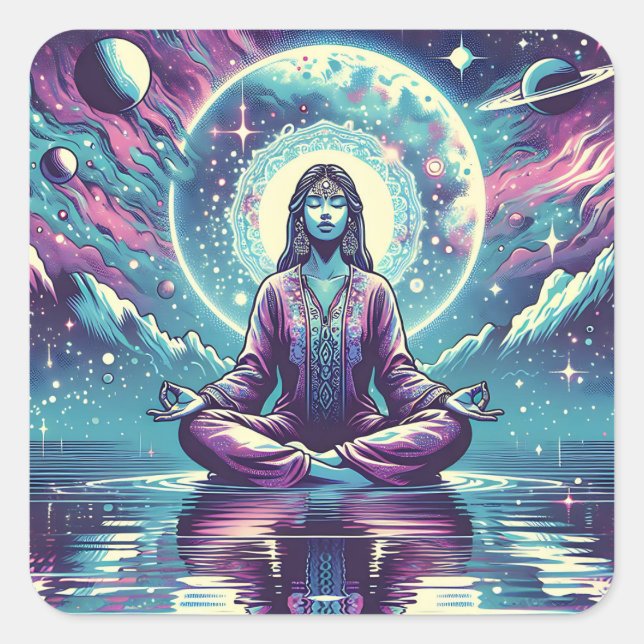 Woman Meditating Spiritual Serene Art Square Sticker (Front)