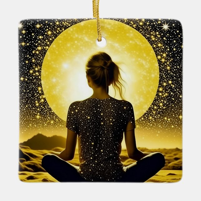Woman Meditation Under the Moon Celestial Ceramic Ornament (Front)