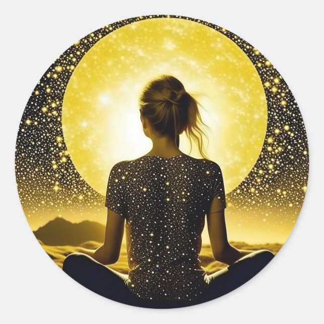 Woman Meditation Under the Moon Celestial Classic Round Sticker (Front)