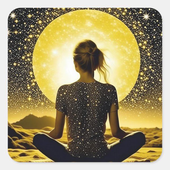 Woman Meditation Under the Moon Celestial Square Sticker (Front)
