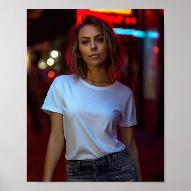 Woman model wearing a blank white Gildan t-shirt Poster (Front)