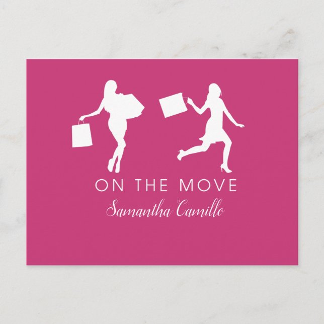 Woman Moving Announcement Pink Black Grey Postcard (Front)
