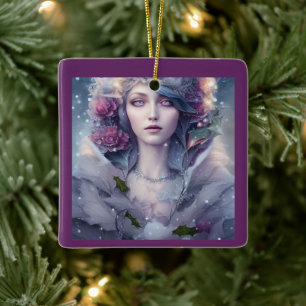 Woman of Winter Floral and Snow Personalised  Ceramic Ornament