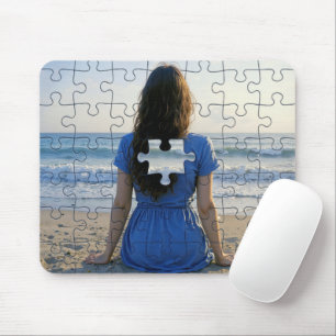 Woman On a Beach With a Puzzle Piece Missing Mouse Mat