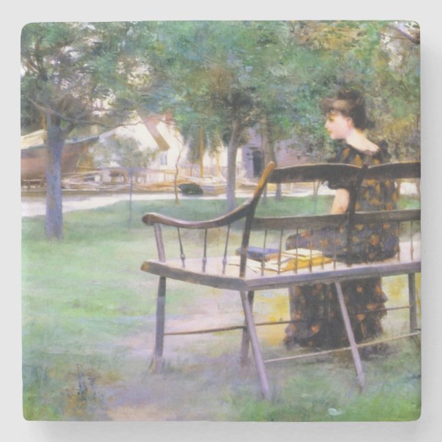 Woman on a Bench (by Edwin Austin Abbey) Stone Coaster (Front)