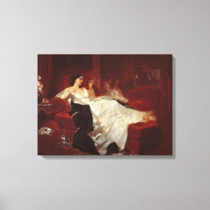 Woman on a red sofa canvas print