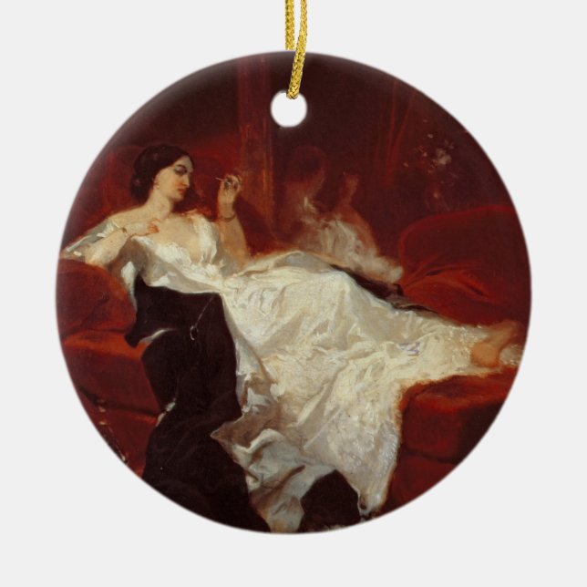 Woman on a red sofa ceramic tree decoration (Front)