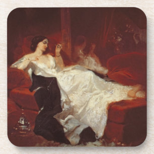 Woman on a red sofa coaster