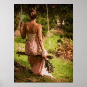 Woman on a swing with flowers poster