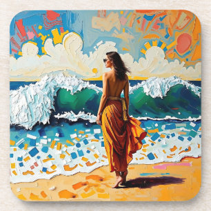Woman on Beach Abstract Seaside Art Personalised Coaster