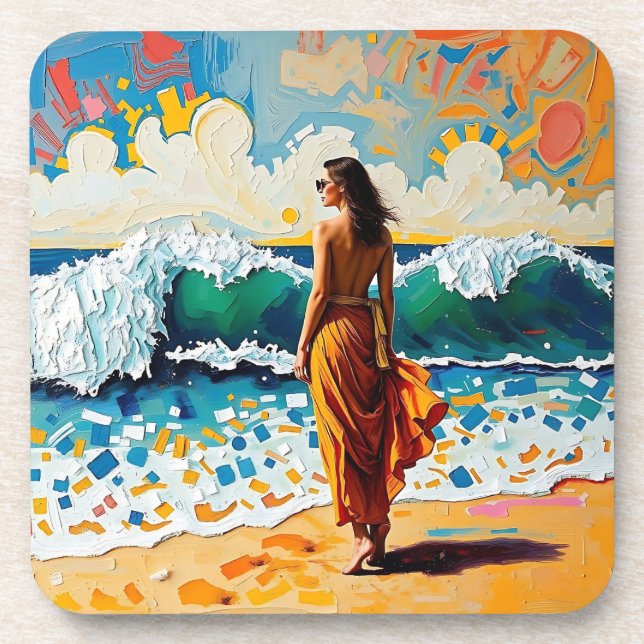 Woman on Beach Abstract Seaside Art Personalised Coaster (Front)