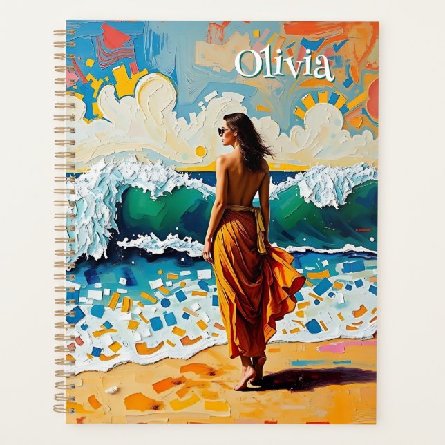 Woman on Beach Abstract Seaside Art Personalised Planner (Front)