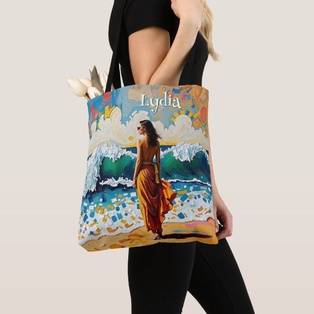 Woman on Beach Abstract Seaside Art Personalised Tote Bag (Close Up)