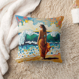 Woman on Beach Abstract Seaside Art Personalized Cushion