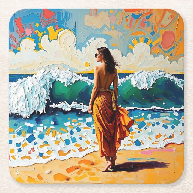 Woman on Beach Abstract Seaside Art Square Paper Coaster (Front)