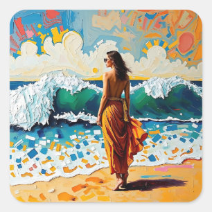 Woman on Beach Abstract Seaside Art Square Sticker