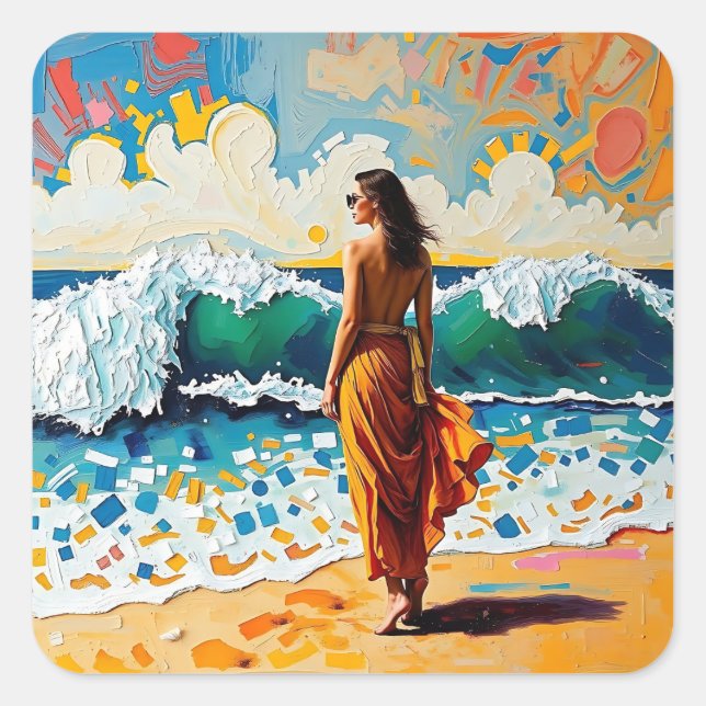 Woman on Beach Abstract Seaside Art Square Sticker (Front)