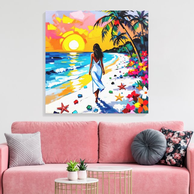 Woman on Beach Tropical Scene Canvas Print (Insitu(LivingRoom))
