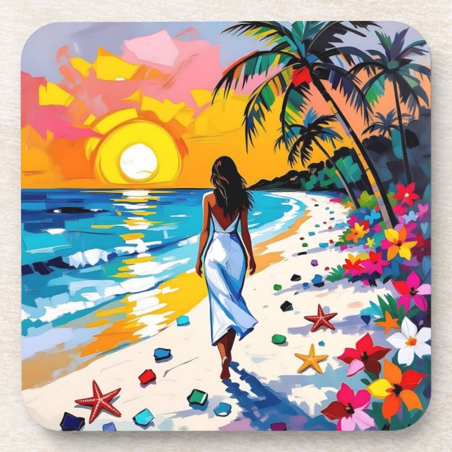 Woman on Beach Tropical Scene Coaster (Front)