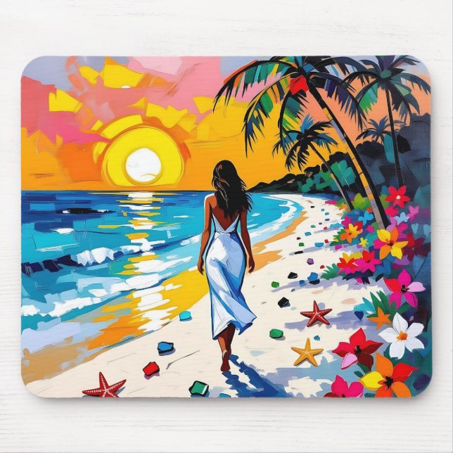 Woman on Beach Tropical Scene Mouse Mat (Front)