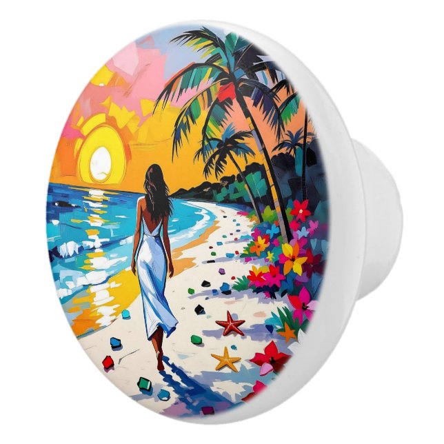 Woman on Beach Tropical Scene Personalised Ceramic Knob (Right)