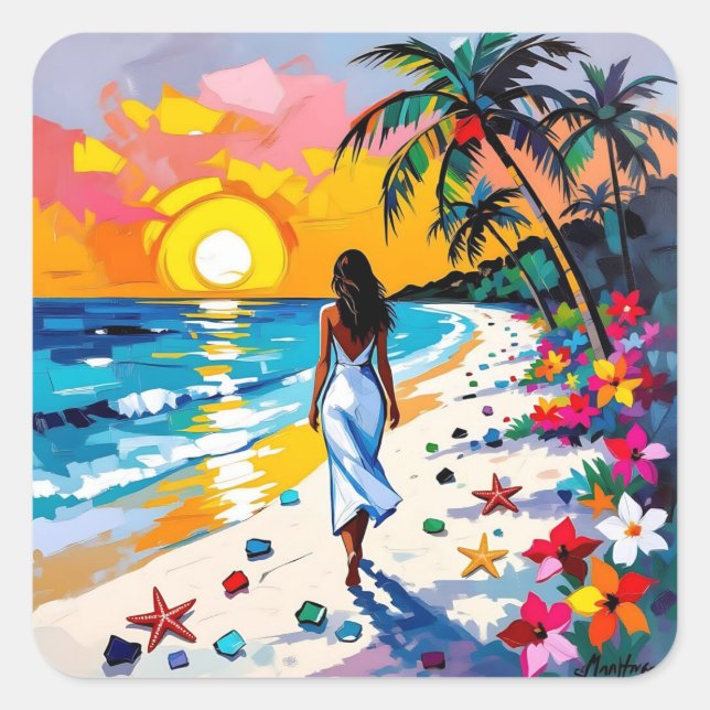 Woman on Beach Tropical Scene Square Sticker (Front)