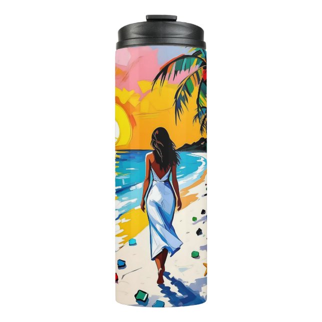 Woman on Beach Tropical Scene Thermal Tumbler (Front)