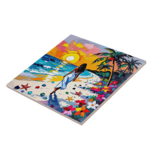Woman on Beach Tropical Scene Tile