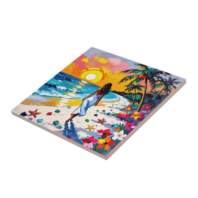 Woman on Beach Tropical Scene Tile (Side)