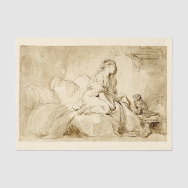 Woman on bed with her Dog Chalk Painting 1770s  Tissue Paper (Front)
