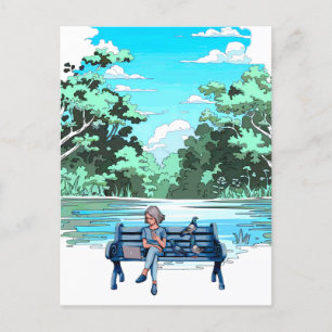 Woman on Bench with Pigeons Design Postcard