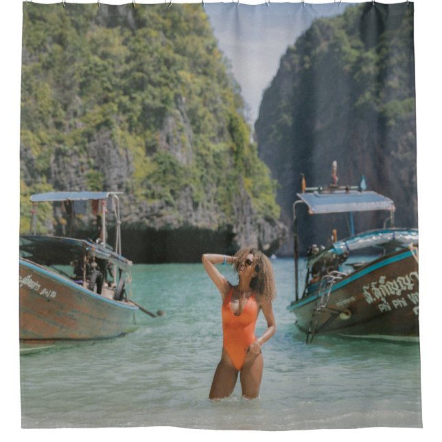 Woman on body of water between brown boats shower curtain (Front)