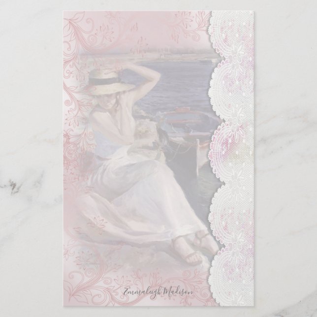 Woman on Dock Faux Lace Stationery (Front)