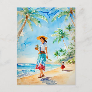 Woman on Hawaii Beach Watercolor painting, Vintage Postcard
