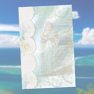 Woman on Rock at Ocean Faux Lace Lined Stationery