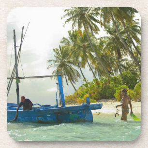 Woman on small traditional fishing boat, coaster