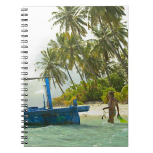 Woman on small traditional fishing boat, notebook