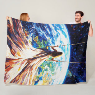 Woman on Swing Over Earth Impasto Oil Painting Fleece Blanket