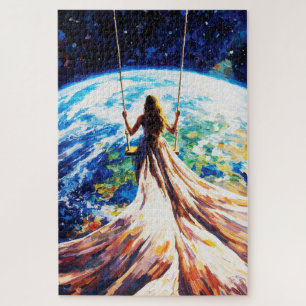 Woman on Swing Over Earth Impasto Oil Painting Jigsaw Puzzle