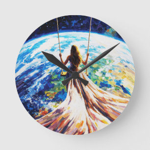 Woman on Swing Over Earth Impasto Oil Painting Round Clock