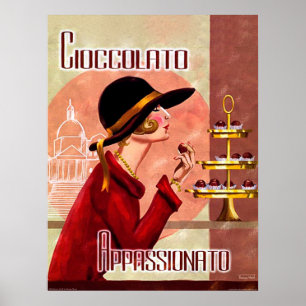 Woman passion for chokolate, vintage funny poster