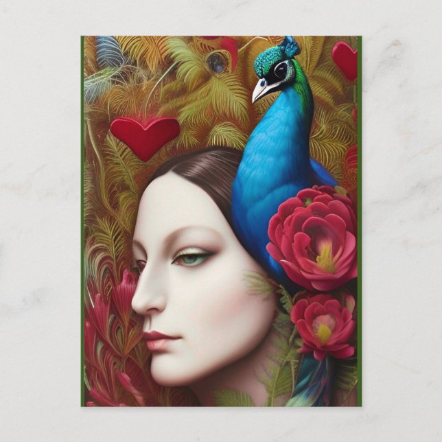 Woman, Peacock, Red flowers and heart  Postcard (Front)