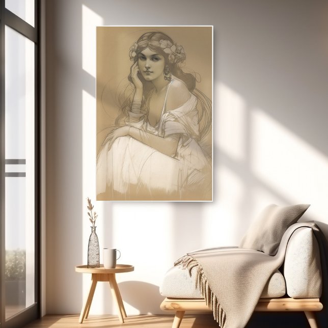 Woman Pencil White Crayon Portrait Study Mucha Poster (Creator Uploaded)