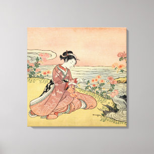 Woman picking chrysanthemums canvas print